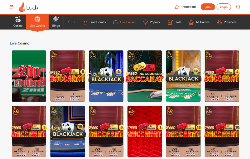Luck Casino live page