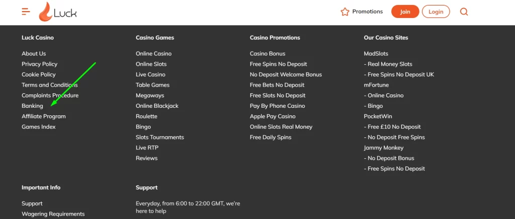 Banking Page at Luck